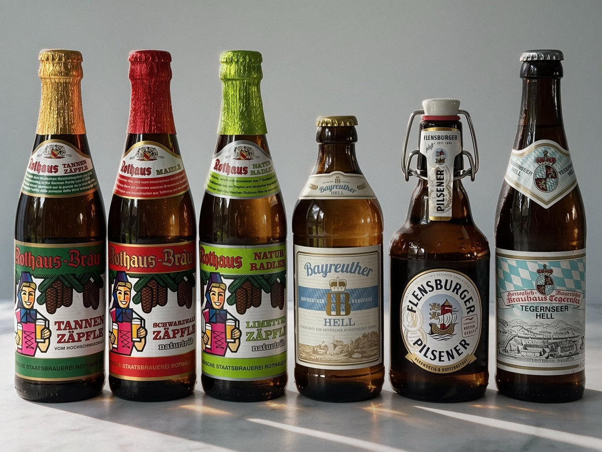 Six different beer bottles arranged in a row against a neutral background. The bottles include various beer styles such as Tegernseer Helles, Flensburger Pils, Bayreuther Hell, Rothaus Tannenzäpfle, Rothaus Schwarzwald Maidle Naturtrüb, Rothaus Radlerzäpfle Limette.