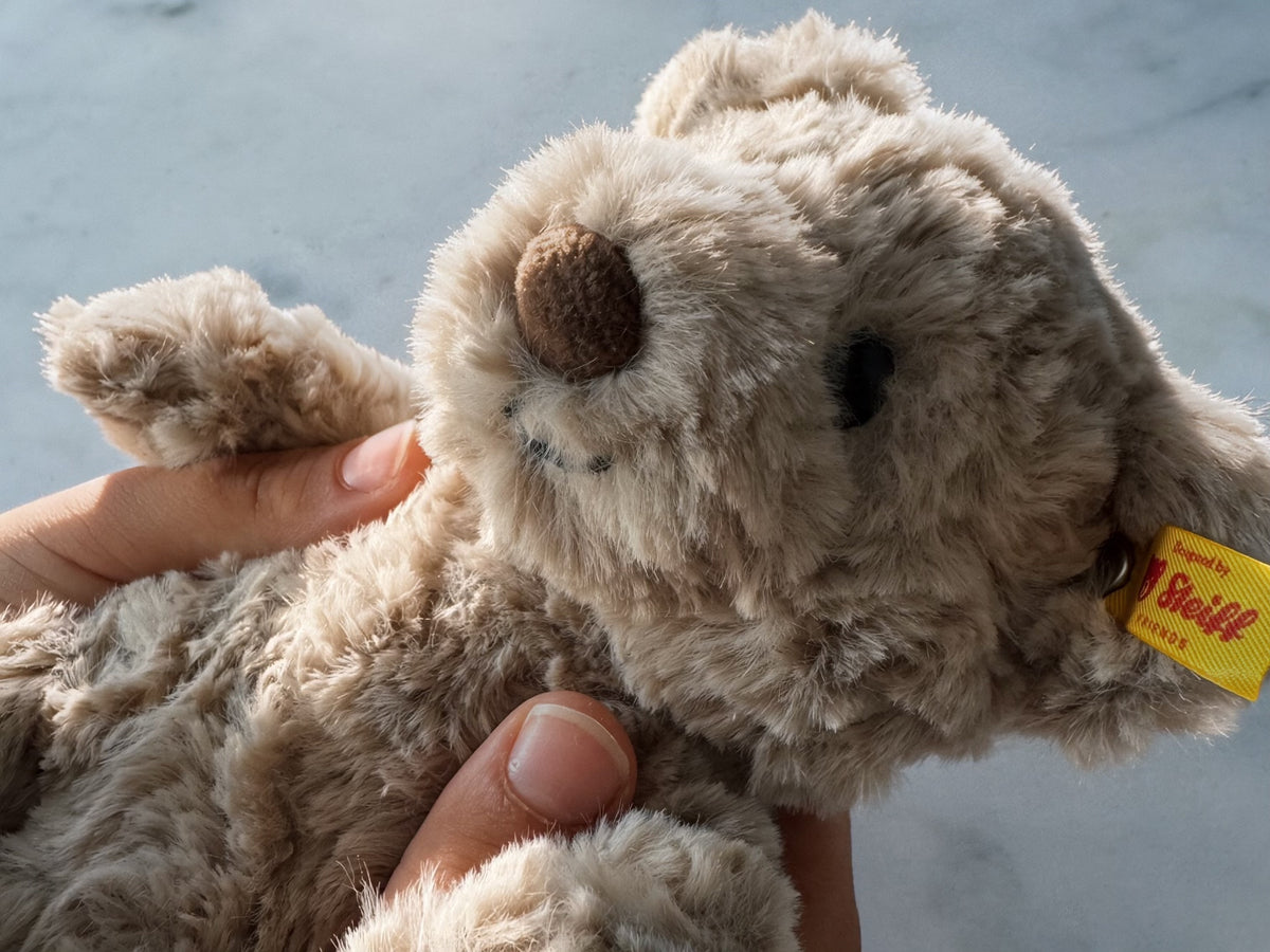 A close-up of a plush Steiff teddy bear being held by two little hands. The bear has shaggy light brown fur, a brown stitched nose, and a yellow Steiff brand tag on its ear.