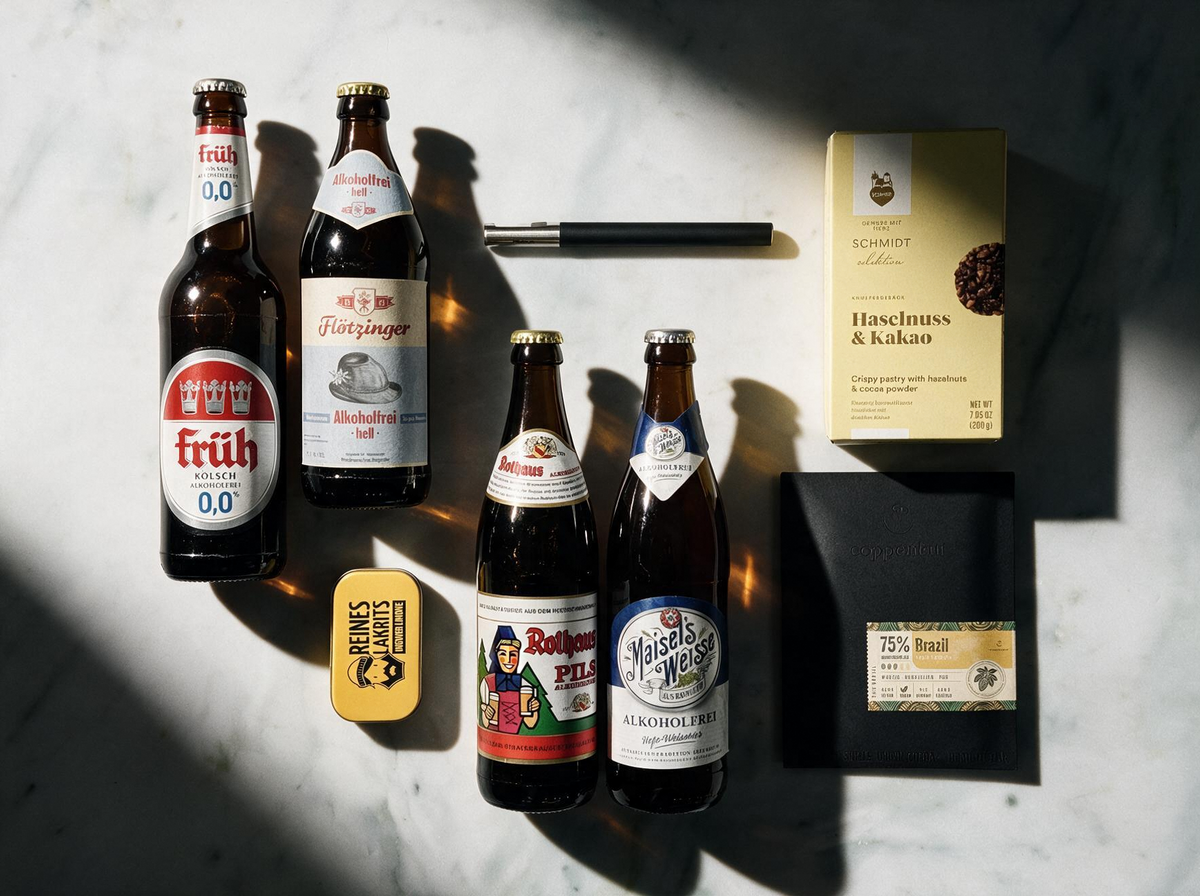 A styled flat-lay of beer bottles and accessories arranged on a white marble surface with dramatic diagonal shadows. Visible items include four dark brown bottles with labels, a black blomus bottle opener, a slab of chocolate in a black envelope, a small yellow Liquorice tin, and a yellow cookie box.