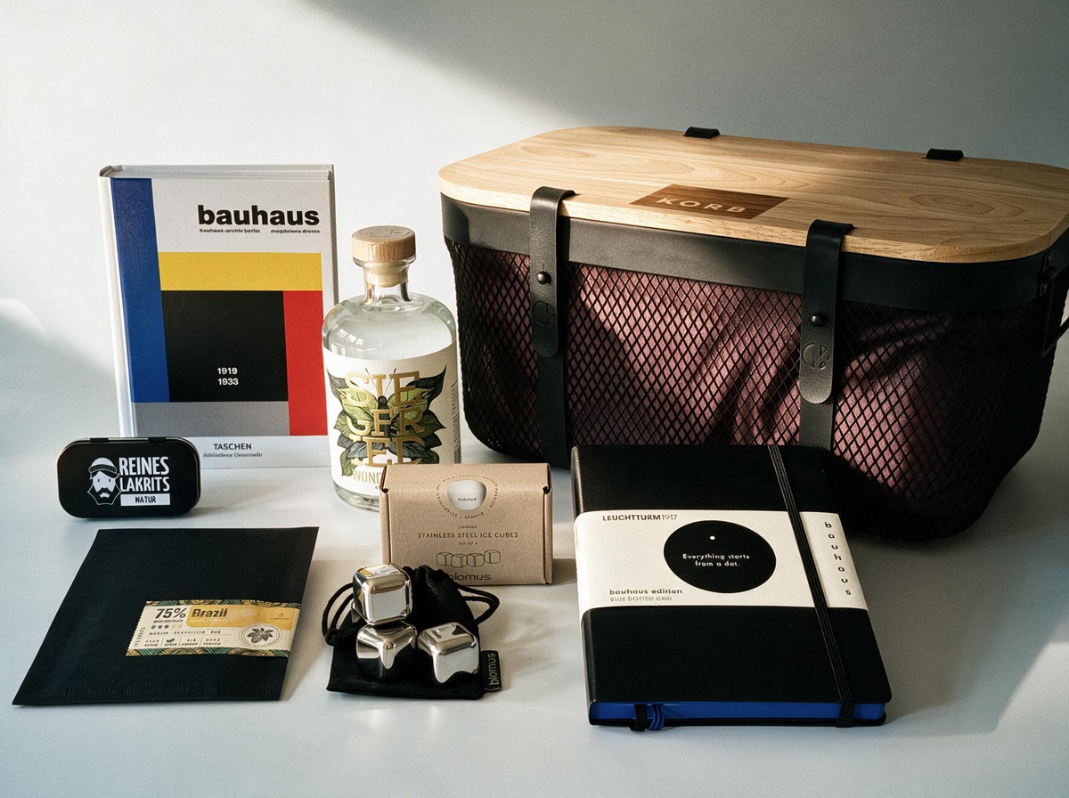 A curated collection of Bauhaus-inspired minimalist products arranged on a light surface, including a large black mesh basket with a natural wood lid, a Bauhaus book, a glass alcohol-free spirit bottle, a black notebook, a slab of chocolate in a black envelope, a small liquorice tin, and a small black pouch with metal ice cubes.