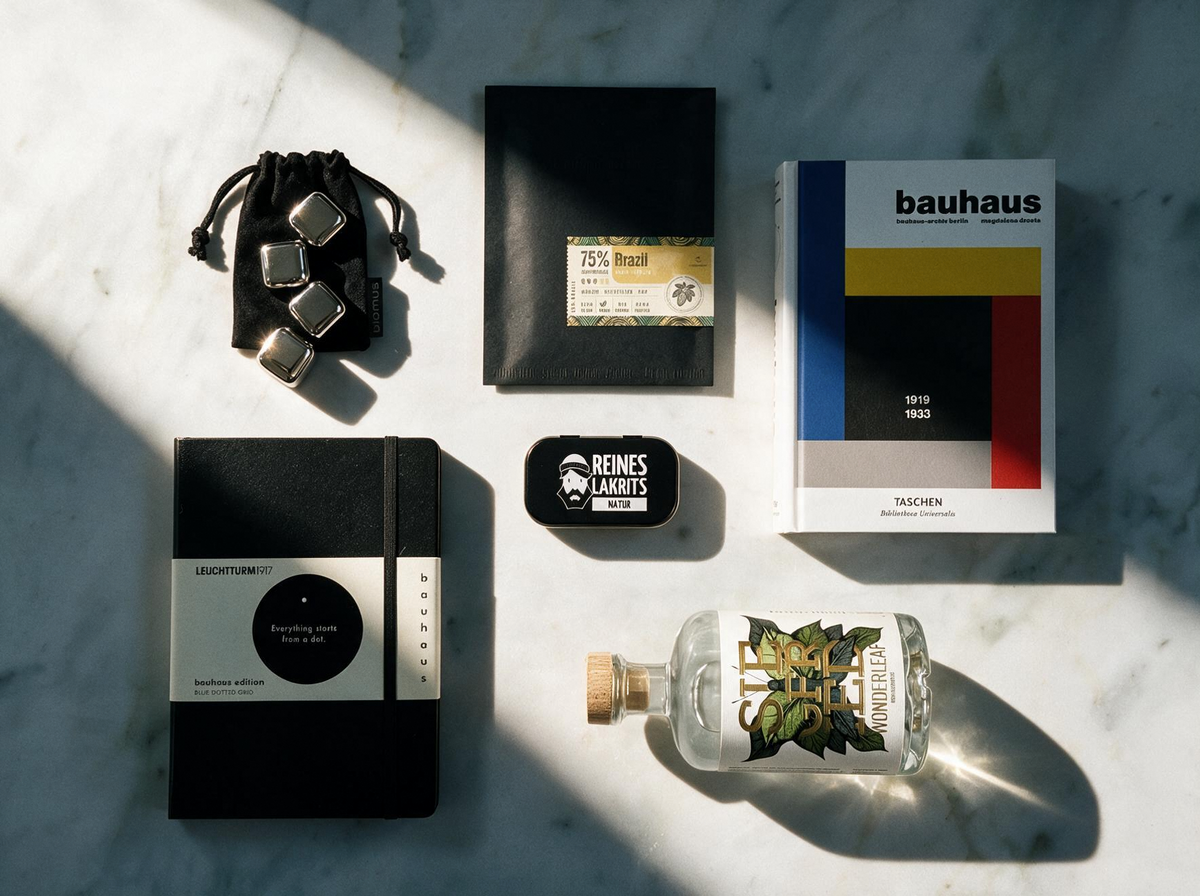 A styled flat-lay of multiple products on a white marble surface with dramatic diagonal shadows. The items include a black drawstring pouch with silver ice cubes, a slab of chocolate in a black envelope, a Bauhaus book, a black notebook, a small black Liquorice tin, and a clear glass bottle with a cork and green botanical label.