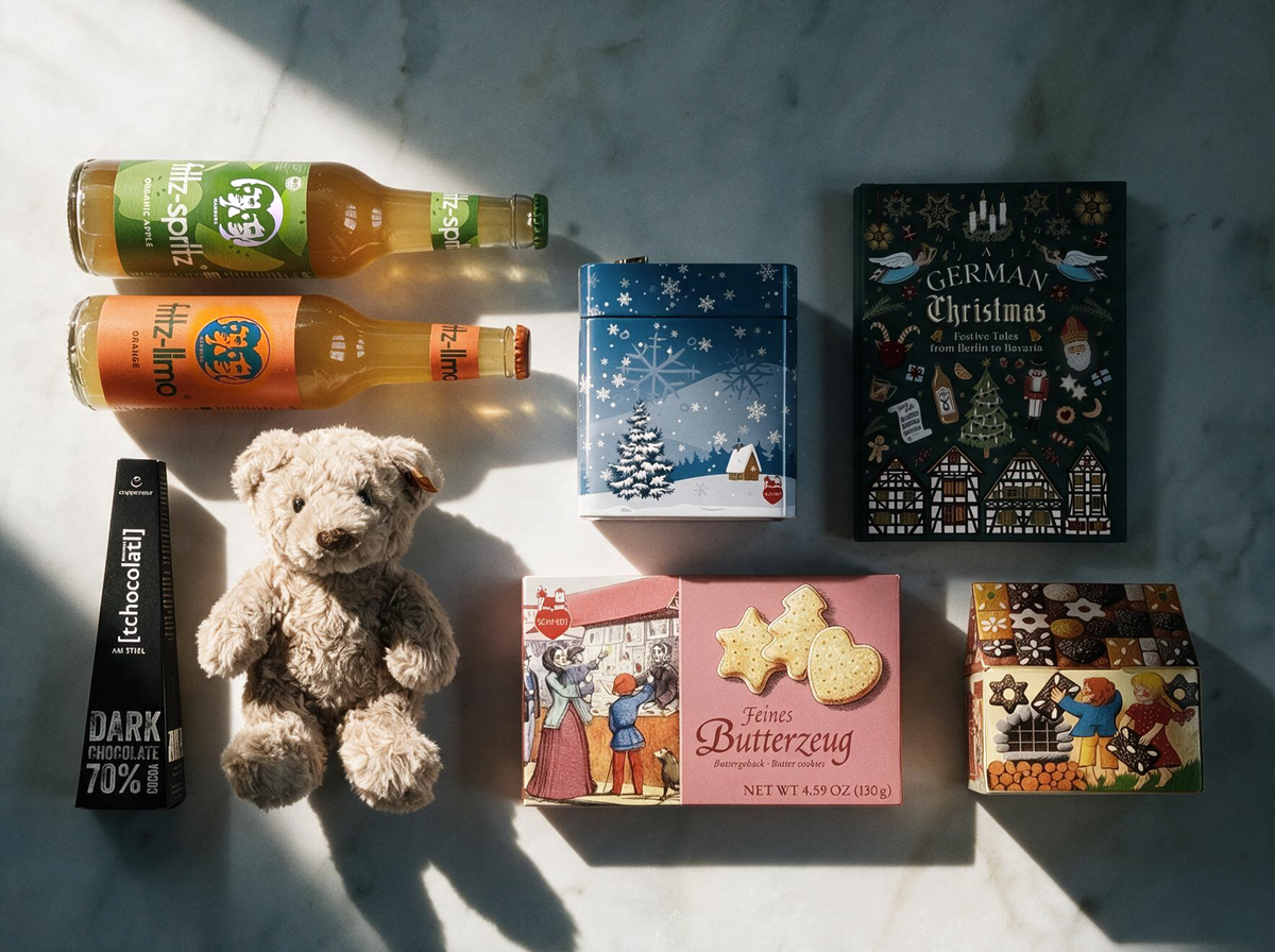 A styled flat-lay of assorted Christmas-themed treats and drinks on a light marble surface with strong sunlight and shadows. Items include two bottles of soda, a box of German Christmas butter-cookies, a music box-tin of gingerbread, a teddy bear, a hot-chocolate stick, a book of German Christmas stories, and fairytale house-decorated gingerbread box.