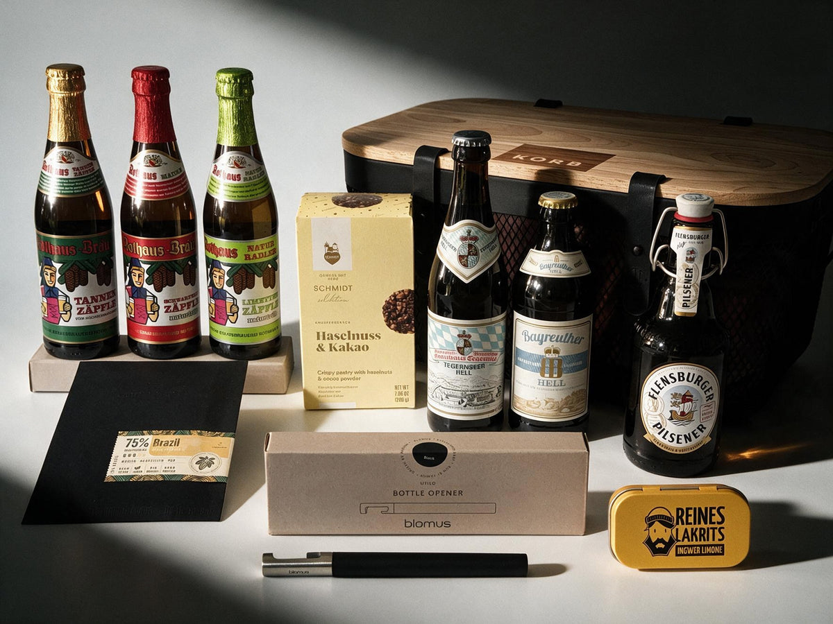 A curated beer gift set arranged on a dark surface with dramatic side lighting. Visible items include six beer bottles, a wooden-lidded storage case, a black blomus bottle opener with gift box, a slab of chocolate in a black envelope, a small yellow Liquorice tin, and a yellow cookie box.