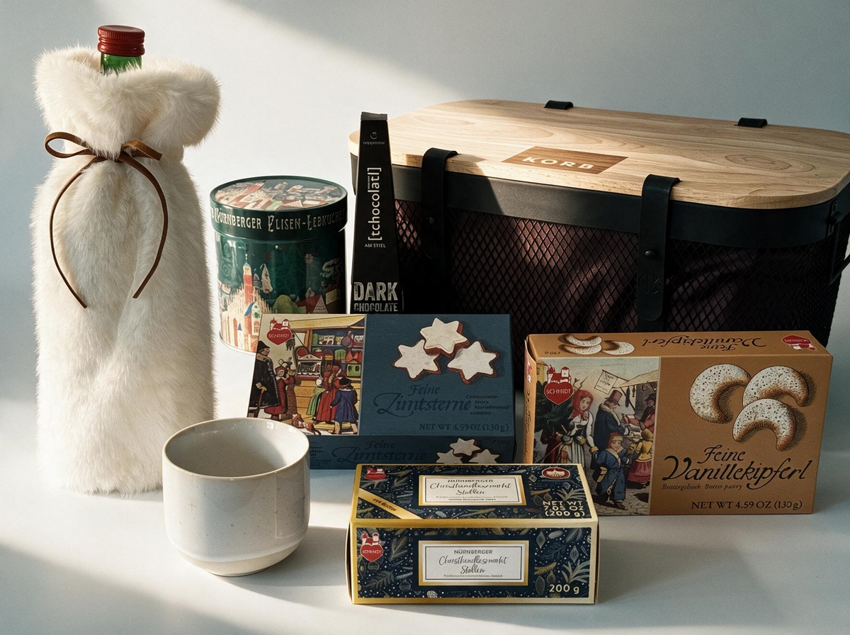 A curated gift basket arrangement on a white surface featuring a white faux-fur bottle cover tied with a brown cord, a ceramic mug, a round tin, a dark hot chocolate stick, a box of stollen, two boxes of cookies, and a large black mesh storage basket with black straps and wooden lid.